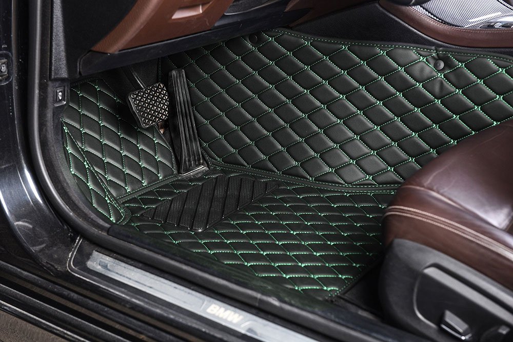Wholesale Black and Green Stitching Luxury Leather Diamond Car Mats